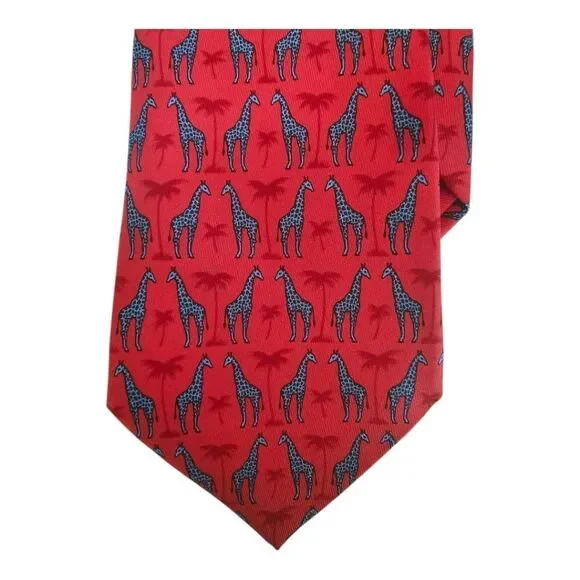 100% REAL HERMES SILK TIE ~ Red with Blue‎ Giraffe